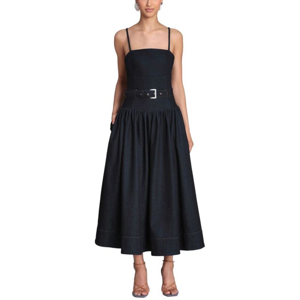 Avec Les Filles Womens Belted Drop Waist Stretch Midi Dress 12 Dark Wash Denim